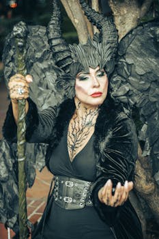 A dramatic portrait of a witch with horns and black wings, showcasing creative makeup outdoors in Mexico City.
