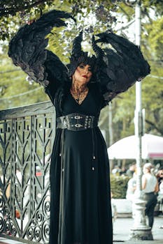 Woman in elaborate demon costume with black wings posing in a park in Mexico City.