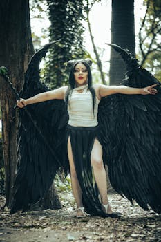 A person in demon-themed cosplay with black wings poses outdoors in a park setting.