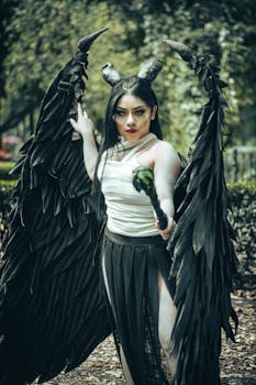 A captivating fantasy cosplay featuring black wings and artistic makeup in Mexico City park.