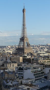 A stunning view of the iconic Eiffel Tower and Paris cityscape on a clear day.