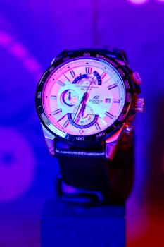 Stylish watch under vibrant neon lights, showcasing luxury design.
