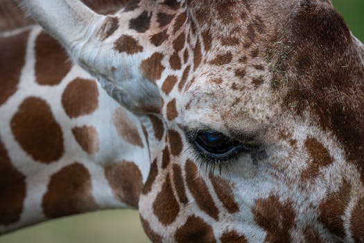 Detailed close-up of a giraffe's eye and distinctive spotted fur pattern. Ideal for wildlife and nature themes.
