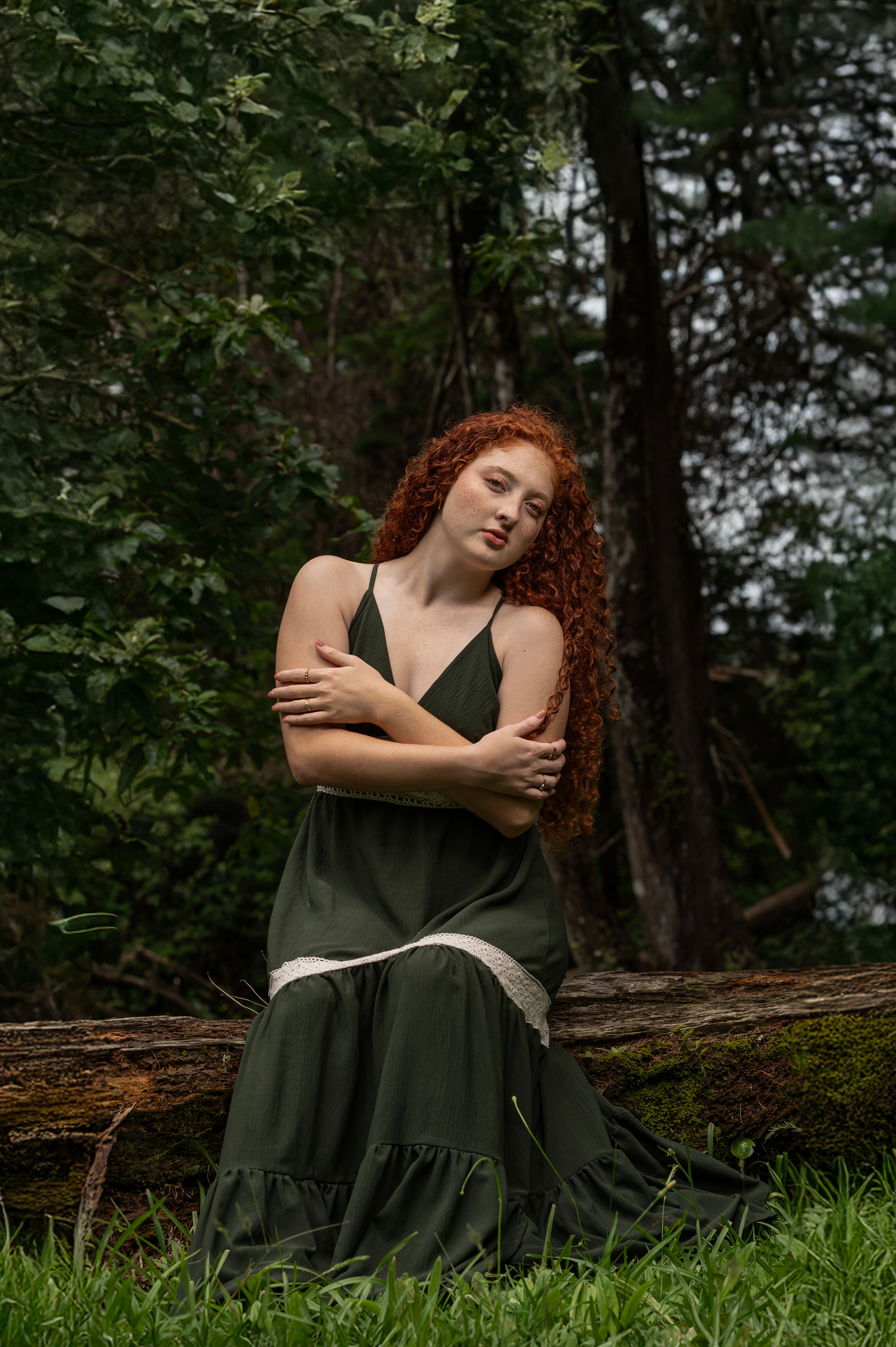 red hair and green dress White Tiered Eyelet Midi Graduation Dress with Buttons White / XSmall main image 1