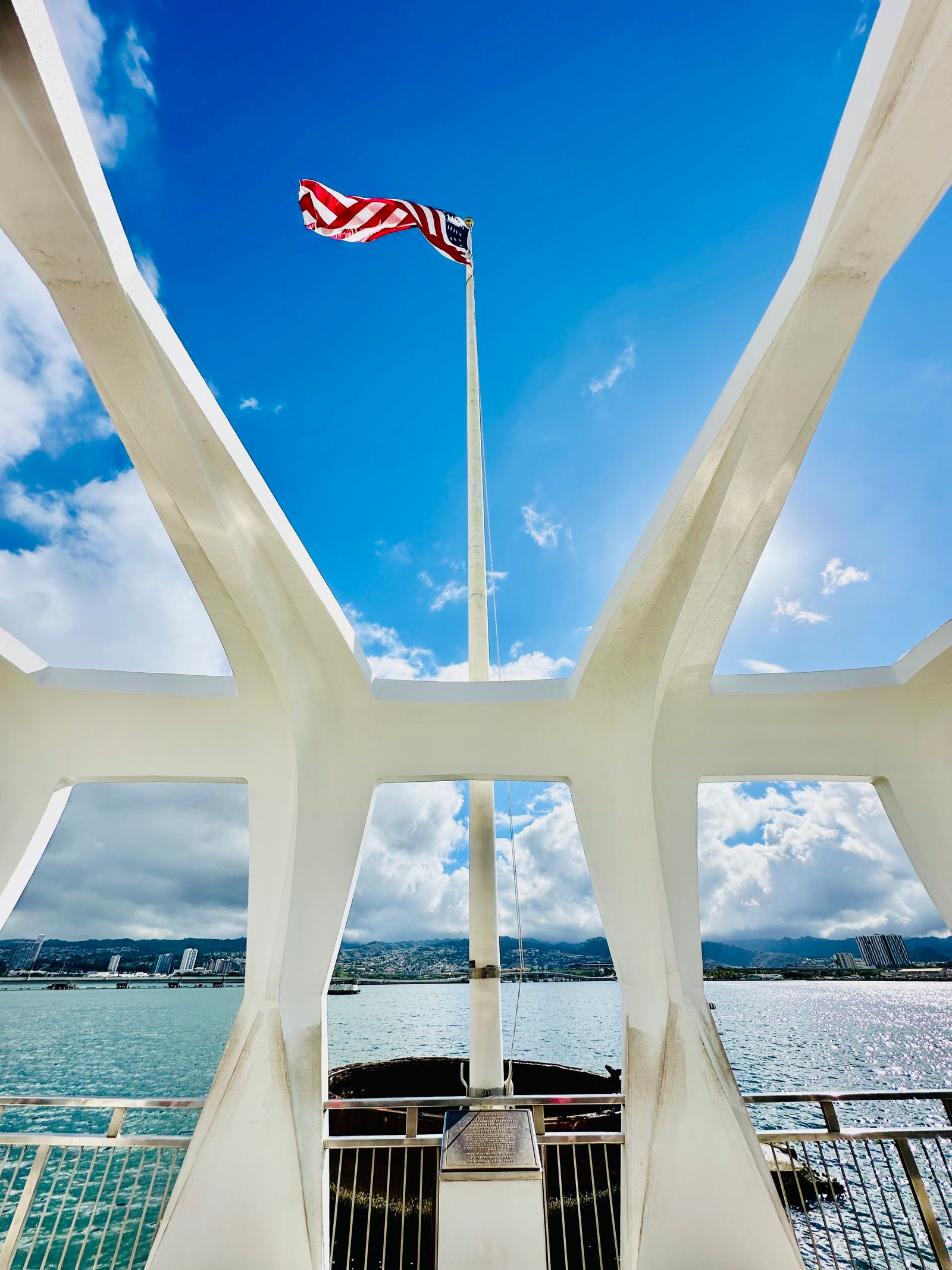 Inside the USS Arizona Memorial, open to the sky