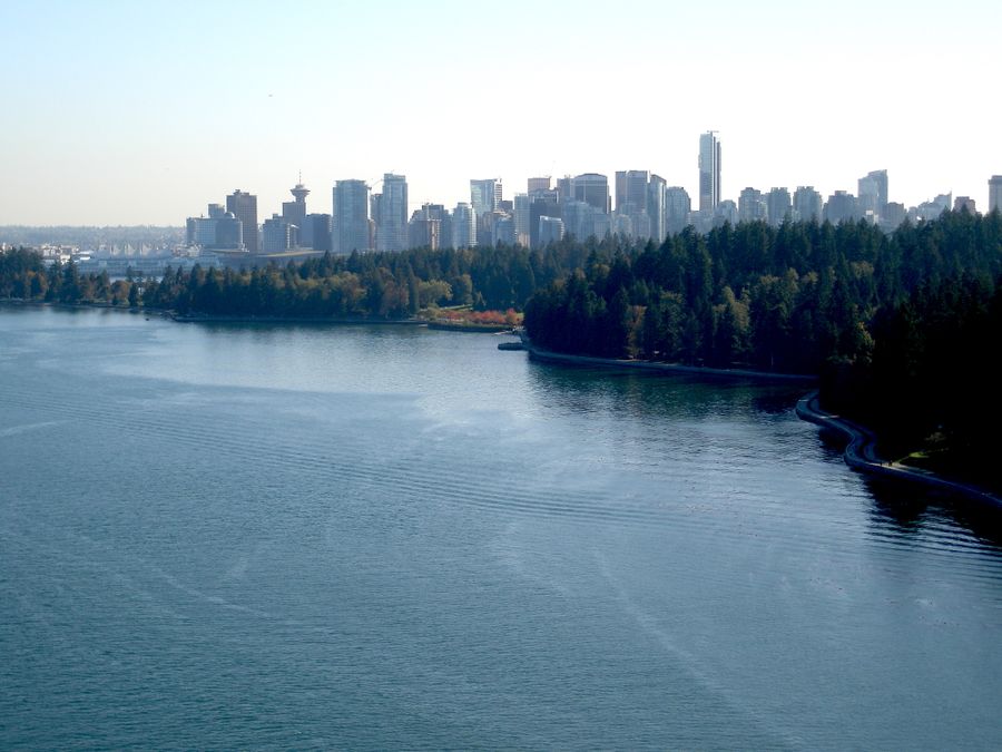 Aerial view of Vancouver skyline with Stanley Park