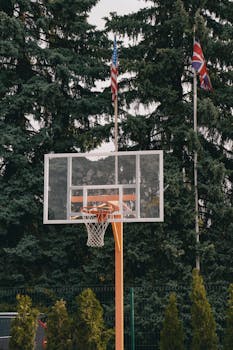 Basketball hoop outdoors with American and British flags in Kyiv, Ukraine.
