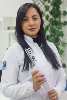 Portrait of a trichologist holding a hair analysis tool. Ideal for health and beauty contexts.