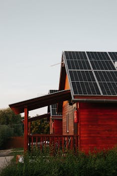 Wooden house featuring solar panels, captured at sunset, highlighting eco-friendly architecture.