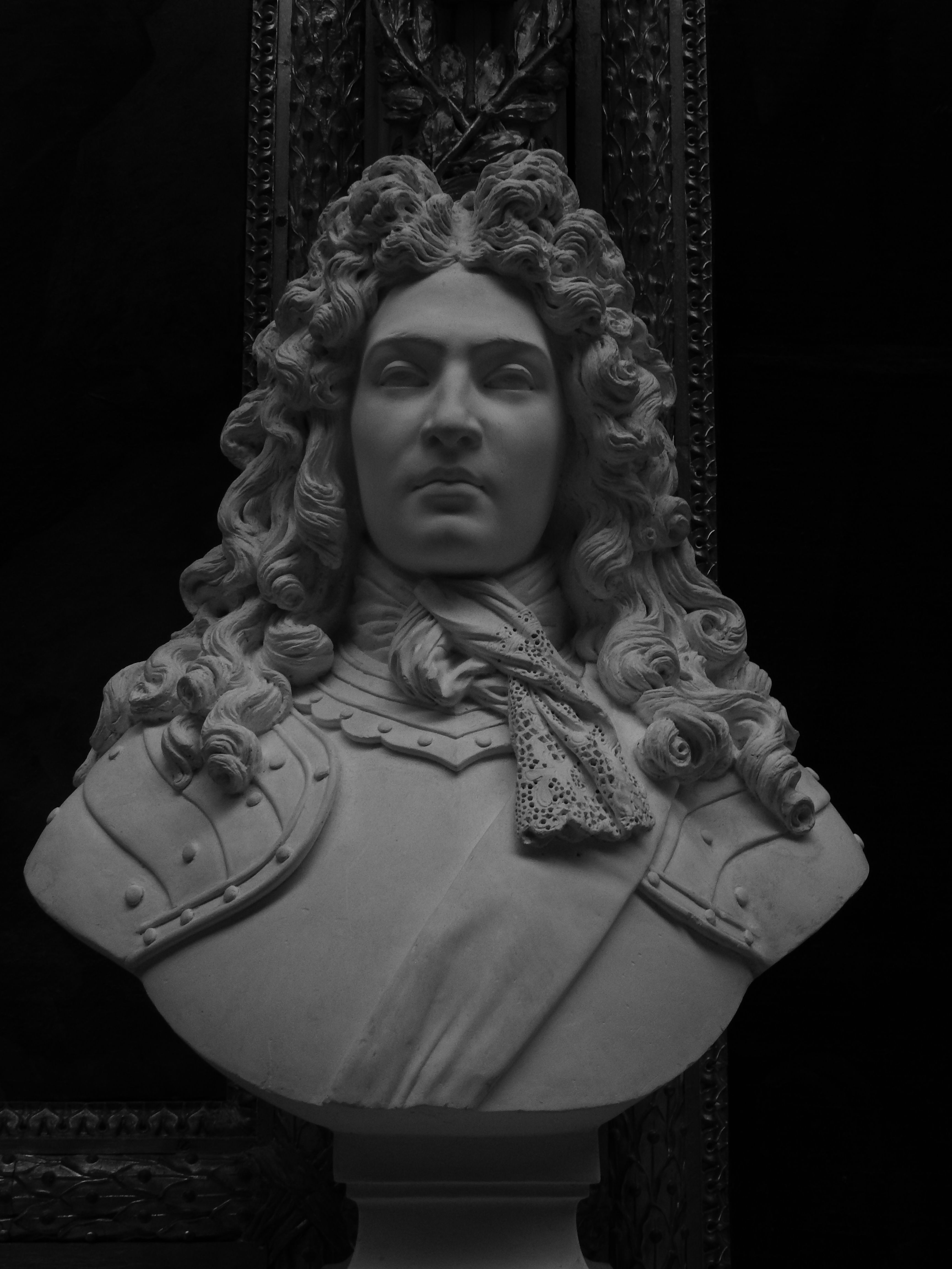 Intricately detailed marble bust sculpture with dramatic lighting effect, ideal for artistic inspirations.