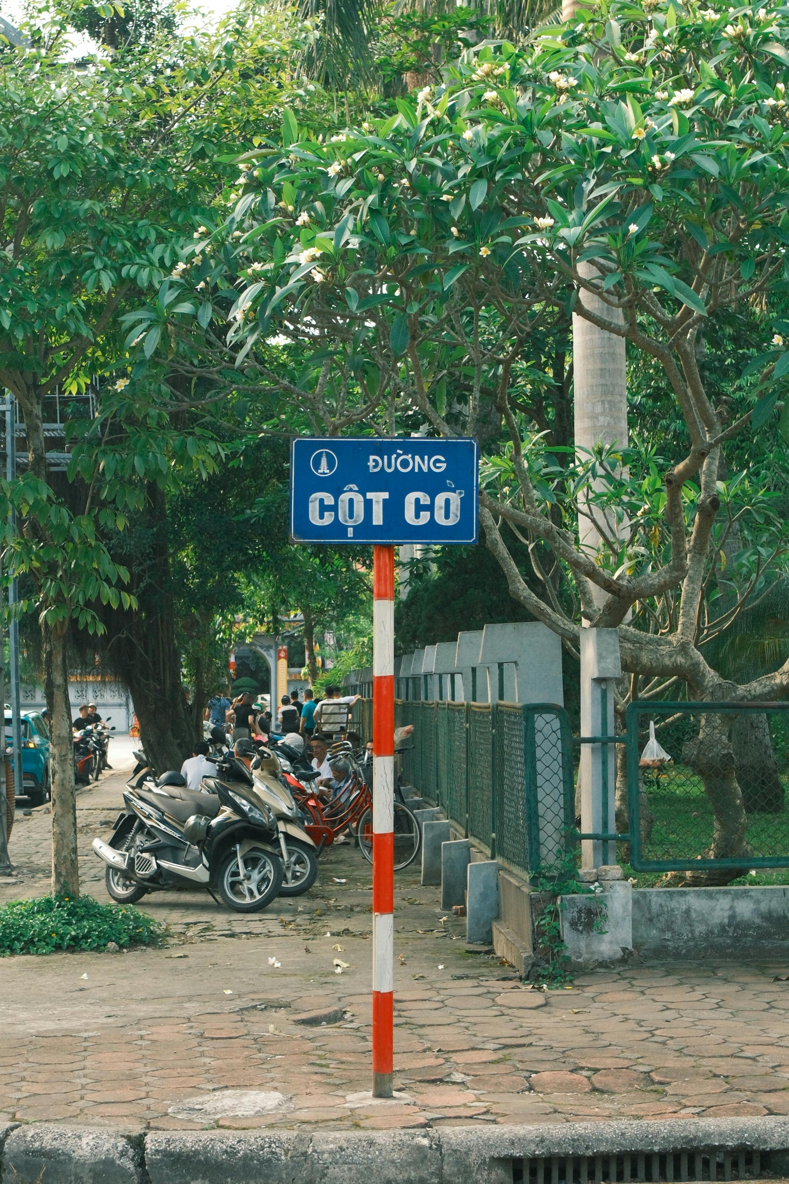 Gratis En livlig gade i Nam Dinh med motorcykler og et fremtrædende gadeskilt under frodige træer. Lagerfoto