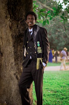 Smiling graduate poses outdoors in suit and sash, celebrating achievement.