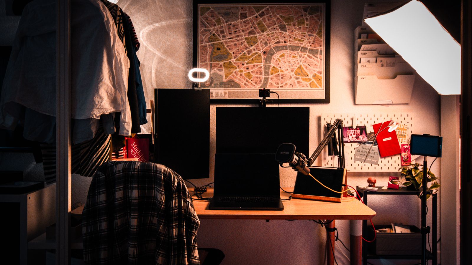 Professional home office workspace with warm lighting