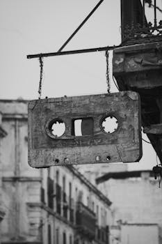 Monochrome image of a vintage cassette tape sign hanging in Oran, Algeria.