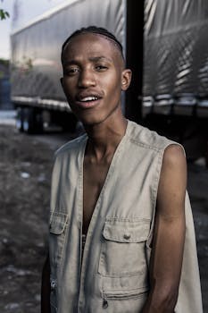 一位穿着米色背心的时尚年轻人，自信地在户外摆出姿势