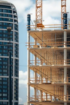 A vibrant cityscape featuring modern architecture and a building under construction in Bratislava.