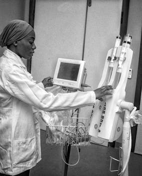 A focused healthcare worker operates advanced medical machinery in a clinical setting.