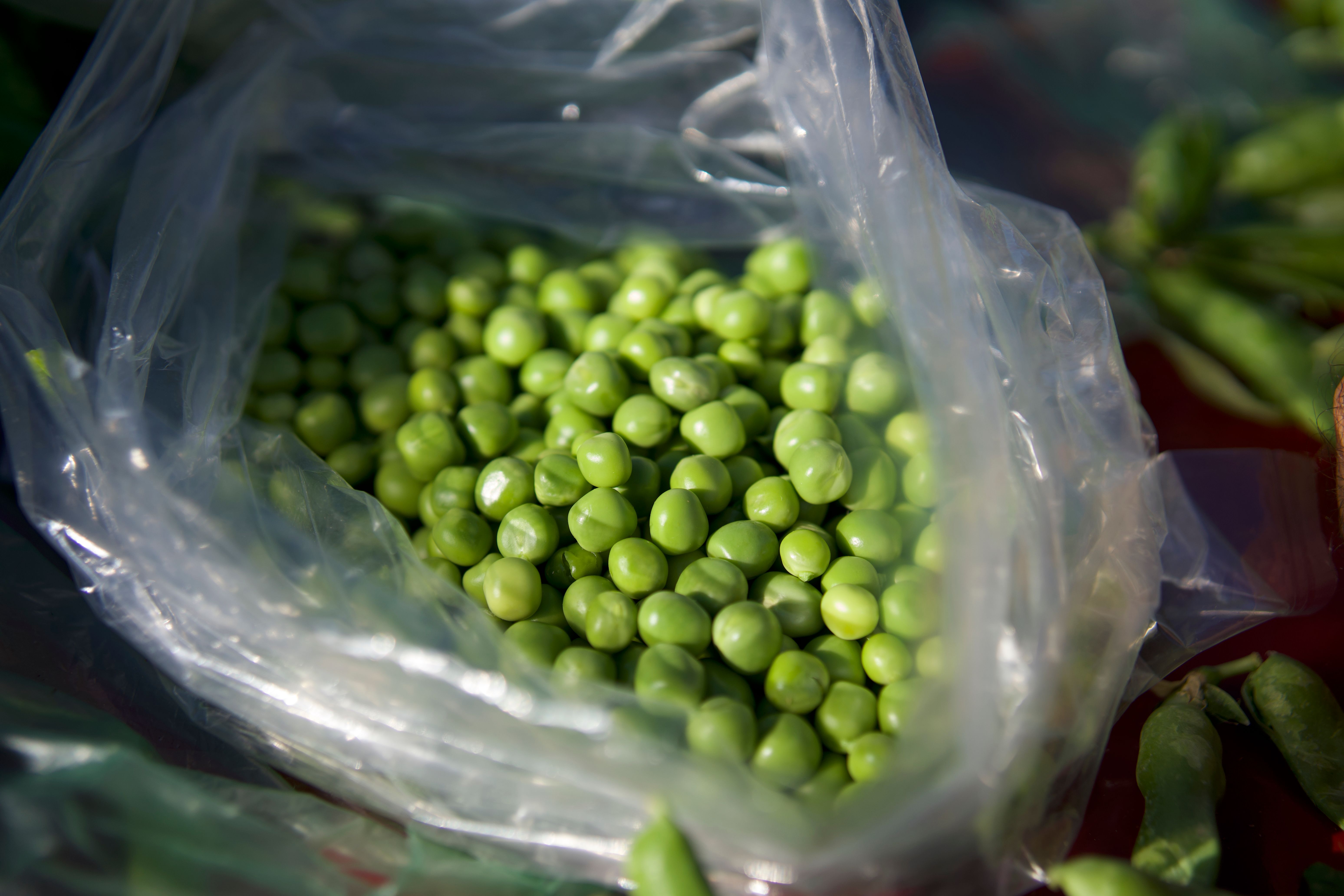 Close-up of fresh green peas in a plastic bag, captured outdoors in natural light.