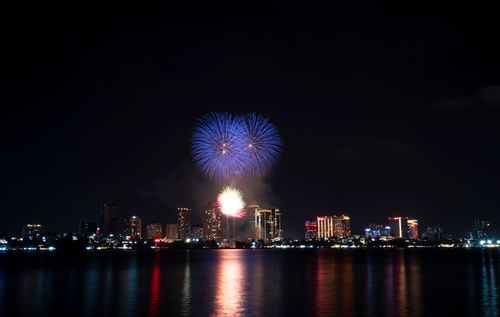 Free Vibrant fireworks display lighting up a city skyline reflecting over water. Perfect for celebration themes. Stock Photo