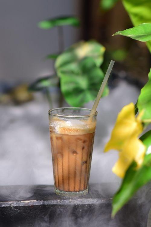 Free A chilled glass of iced coffee surrounded by lush greenery, evoking a refreshing tropical vibe. Stock Photo