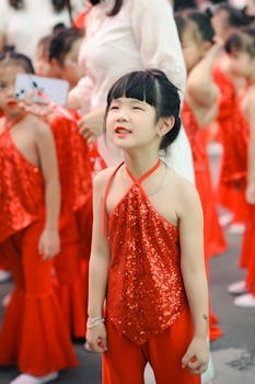 A group of young girls in sparkly red costumes prepare for a traditional dance performance in Hà Nội, Việt Nam.