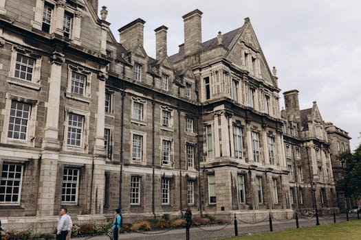 Classic architectural facade of Trinity College, Dublin, Ireland.