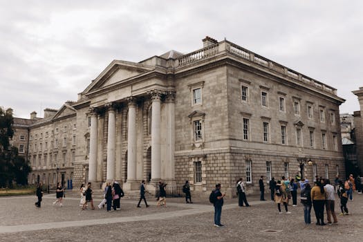 Elegant view of Trinity College's neoclassical architecture in Dublin, Ireland.