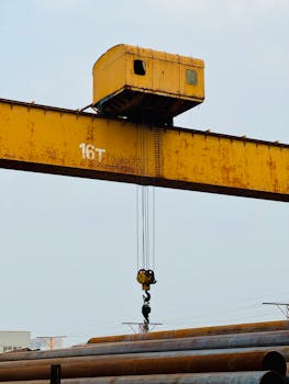 Large yellow industrial crane lifting pipes in an outdoor construction site.