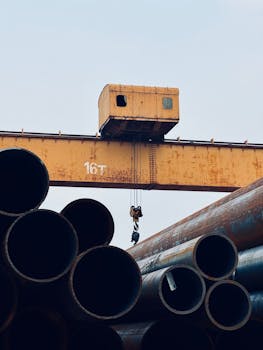 An industrial crane operates over stacked steel pipes at Tianjin Port, China.