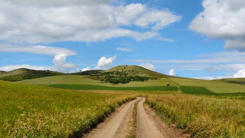 Free A beautiful countryside scene featuring rolling hills and a dirt road under a blue sky with clouds. Stock Photo