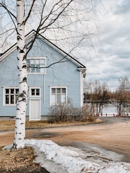 Charming blue wooden house in Oulu, Finland, with birch tree and winter landscape.