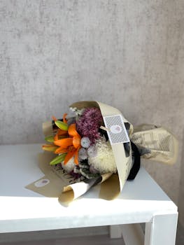 A beautiful mixed flower bouquet elegantly wrapped in paper, placed on a white table. Ideal for gifts or decor.