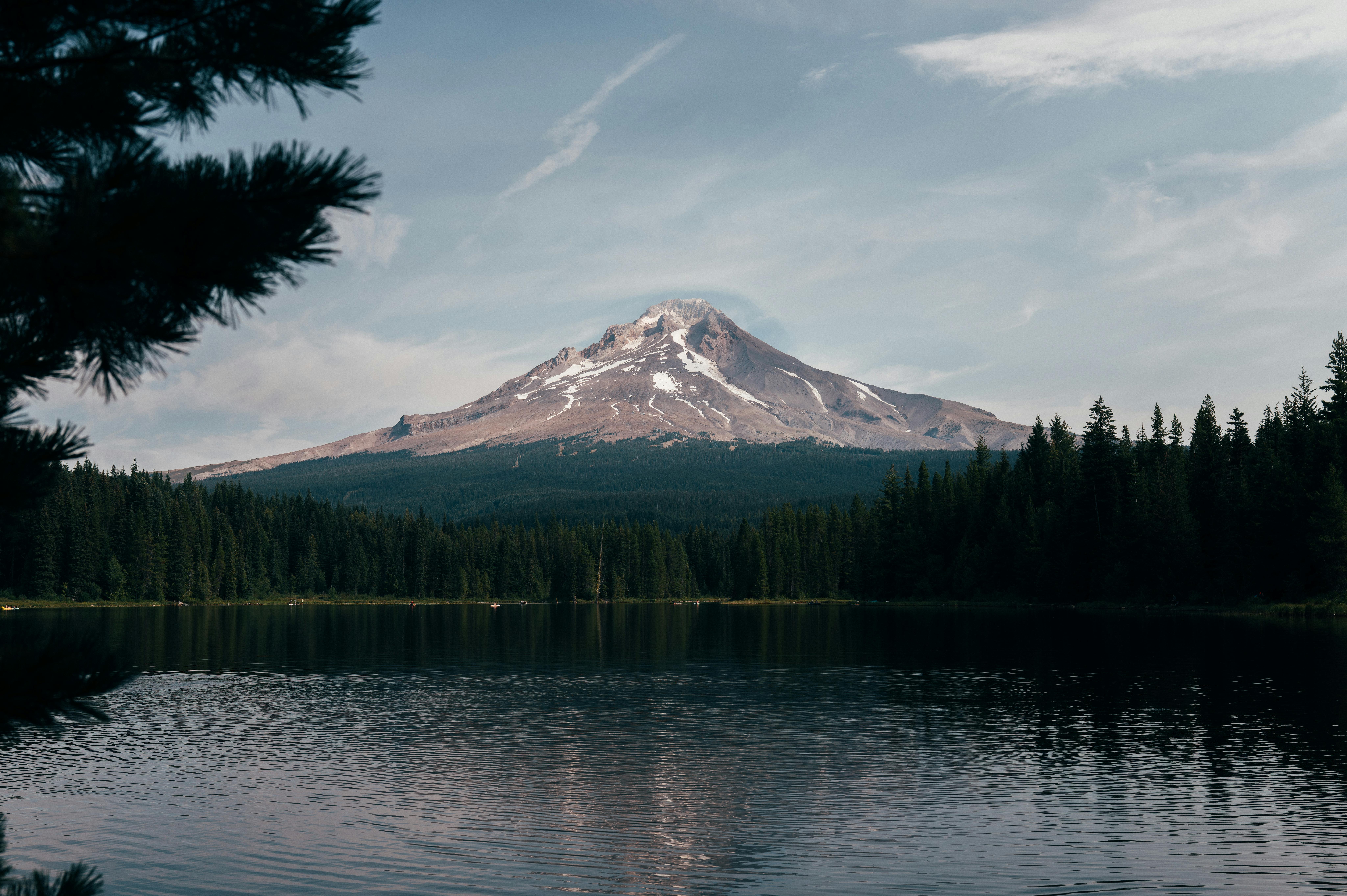 Scenic view of Mount Hood reflecting in Trillium Lake surrounded by lush forests.