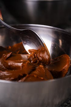 Smooth chocolate ganache in a stainless steel bowl, ready for culinary use.