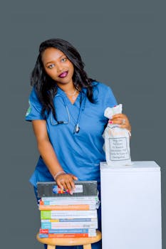 Healthcare professional with medical books and emergency supplies in studio setting.