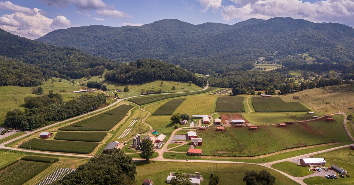 A scenic aerial shot of farmland in the Appalachian Mountains during summer.