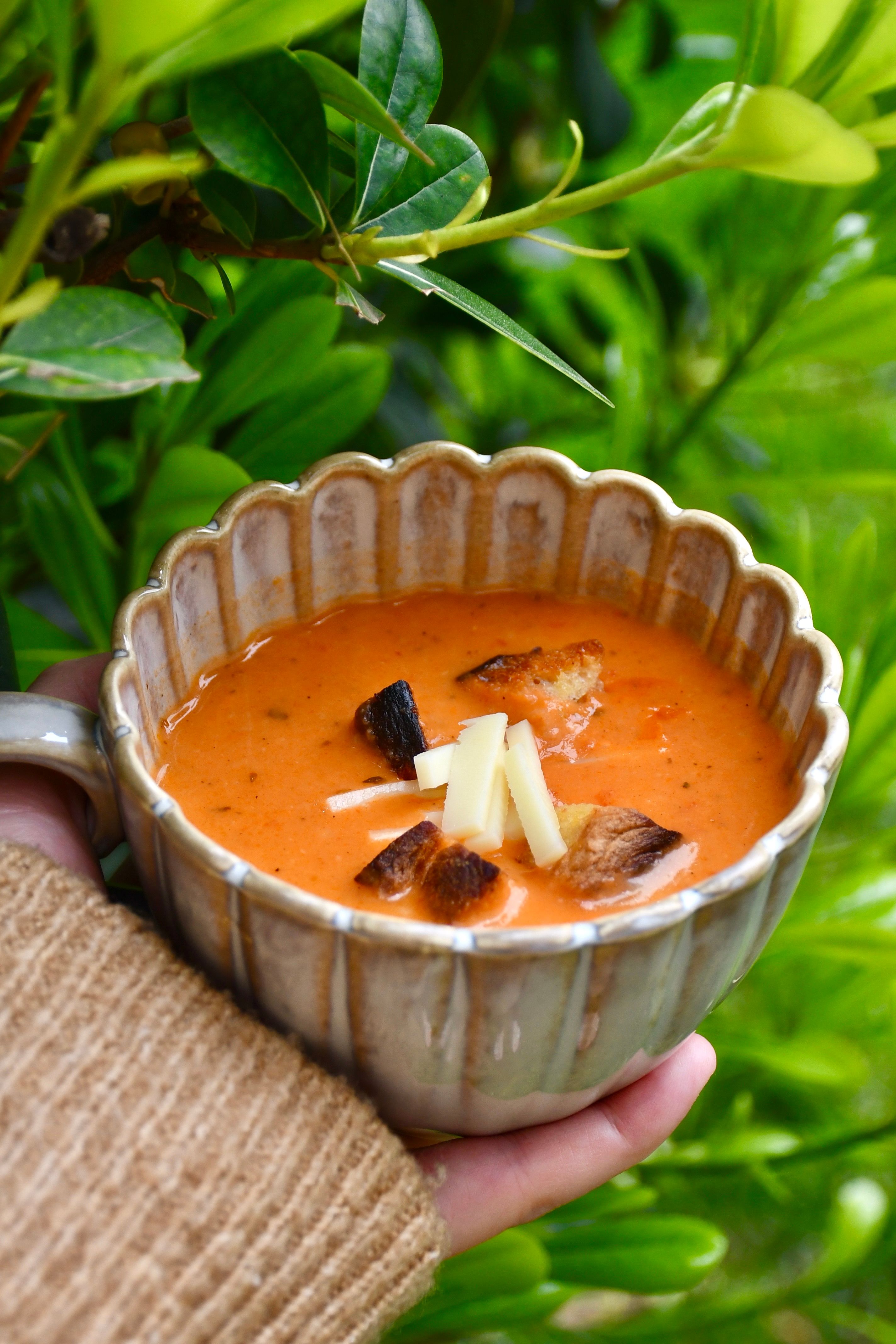 Creamy tomato soup in a ceramic mug with croutons and cheese, held outdoors.