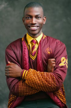 Portrait of a young smiling man in a maroon school uniform against a neutral background.