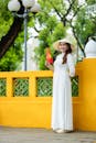 Vietnamese Woman in Ao Dai Holding Flag Outdoors