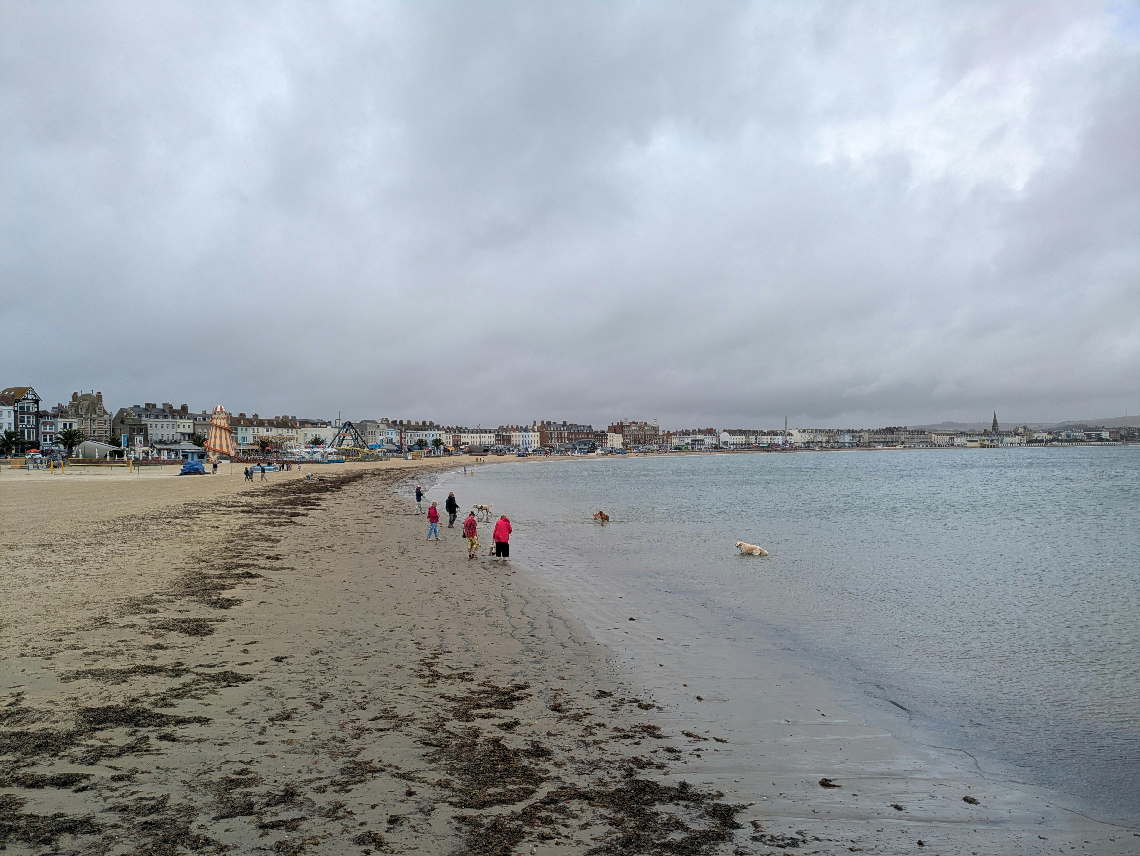 A cloudy day at Weymouth Bay with people and dogs enjoying the sandy beach.