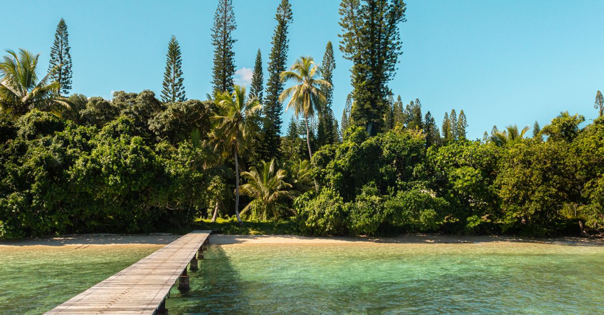 Scenic view of a tropical beach with a wooden jetty and lush greenery in New Caledonia.