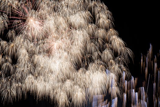 Dazzling display of fireworks illuminating the night sky with vibrant colors and patterns.