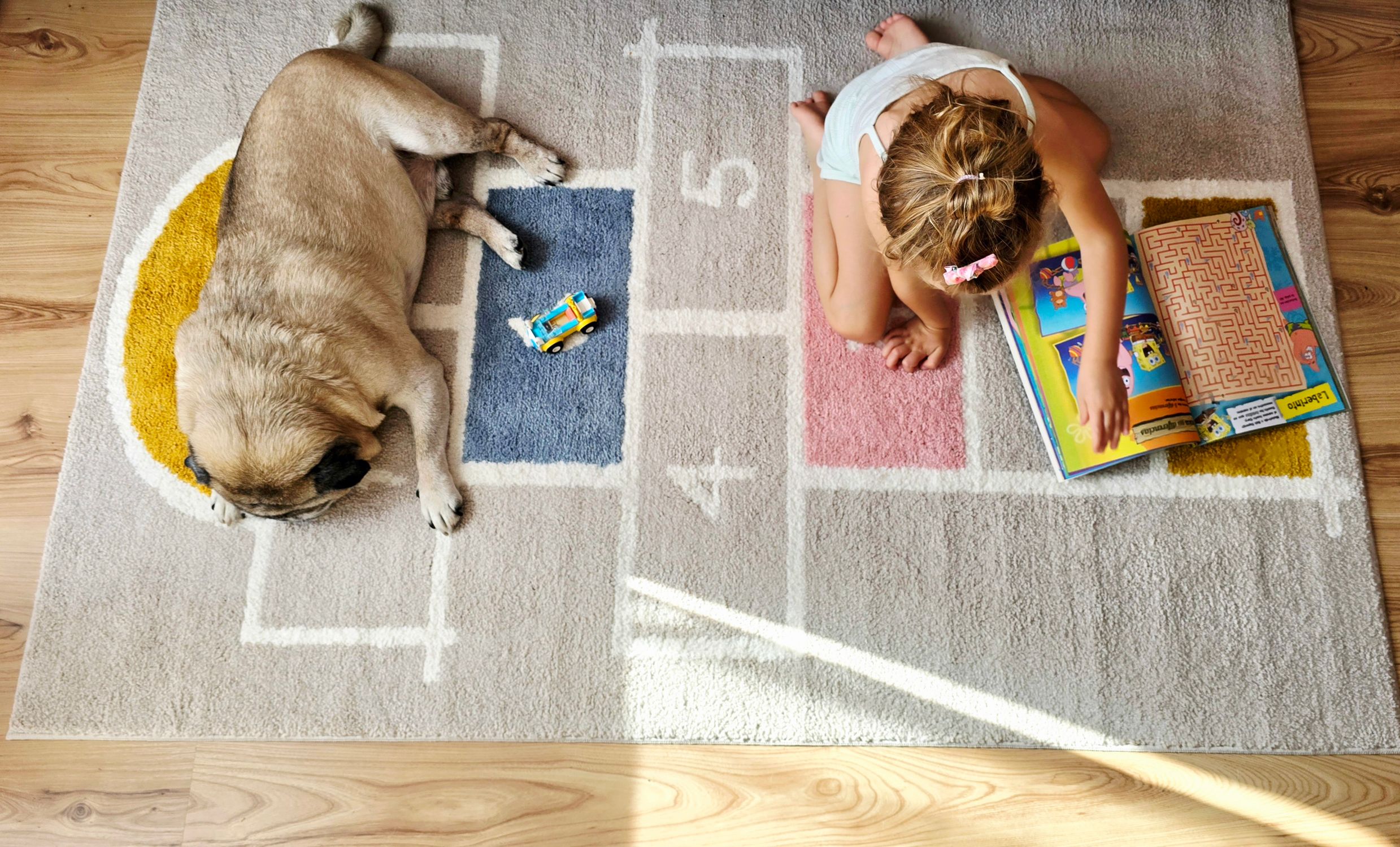 A child and dog enjoy a relaxed moment on a hopscotch playmat indoors, fostering friendship.