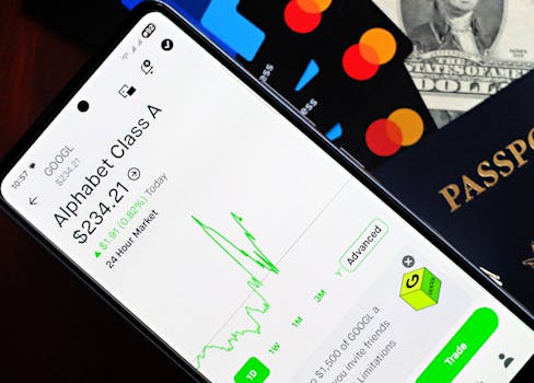 Smartphone displaying stock market app next to U.S. dollar and passport, representing global finance.