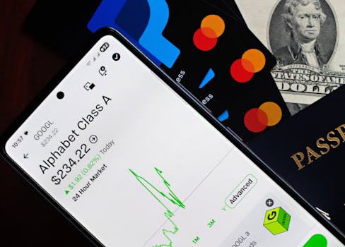 A smartphone displaying Alphabet stock price alongside credit cards, cash, and passport.