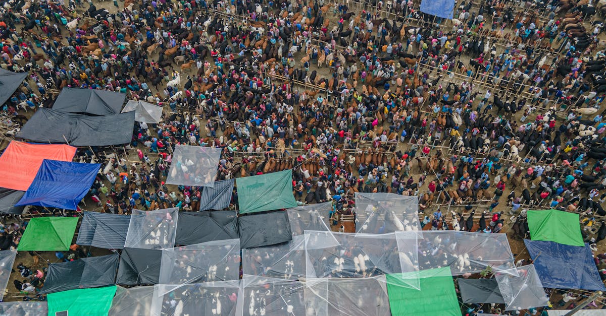Vibrant aerial shot of a crowded outdoor market with colorful tents and people.