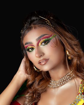 Vibrant portrait of a woman with artistic makeup and colorful jewelry.