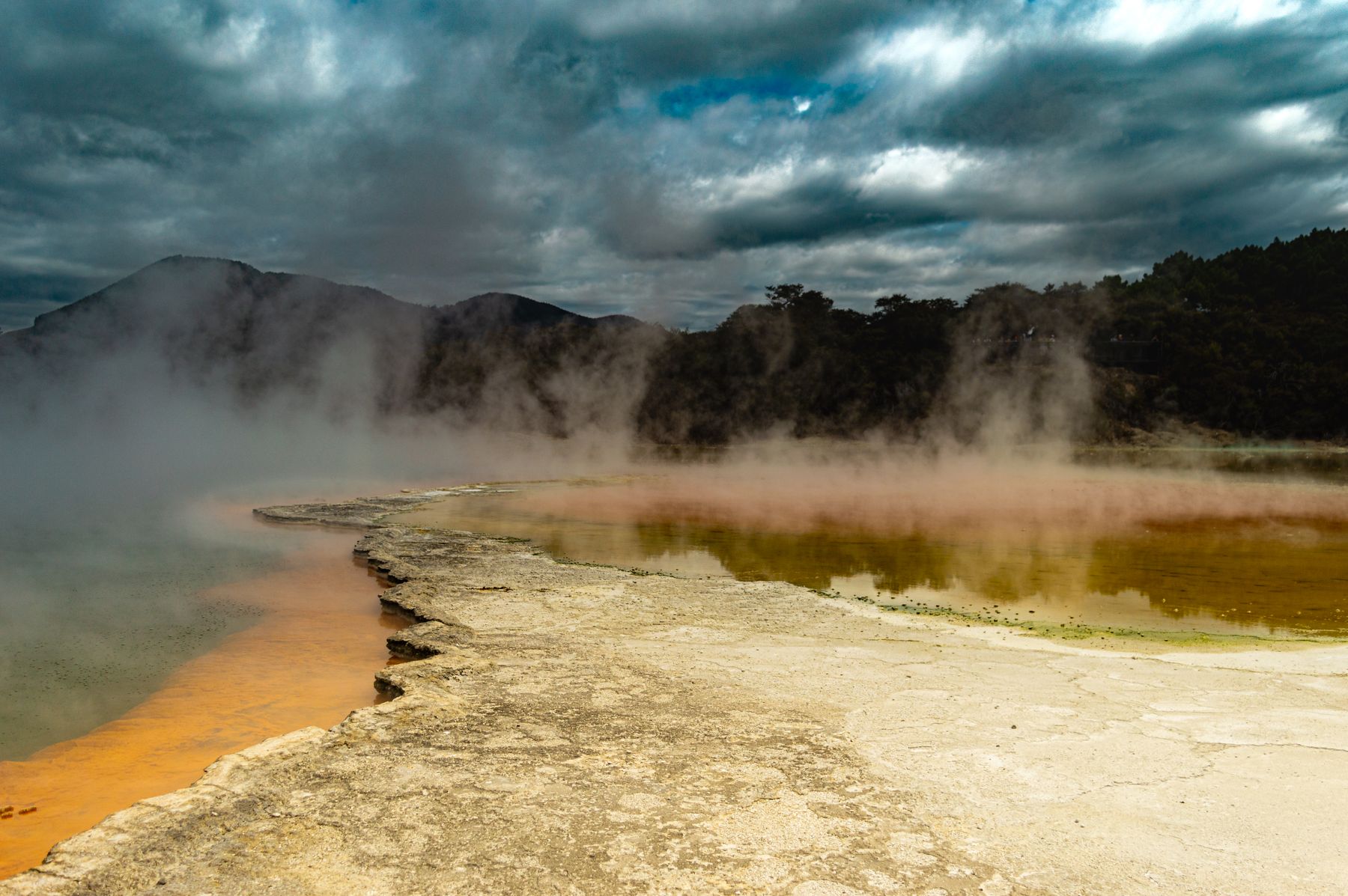 Colorful mineral terraces and geothermal steam in Rotorua on New Zealand's North Island