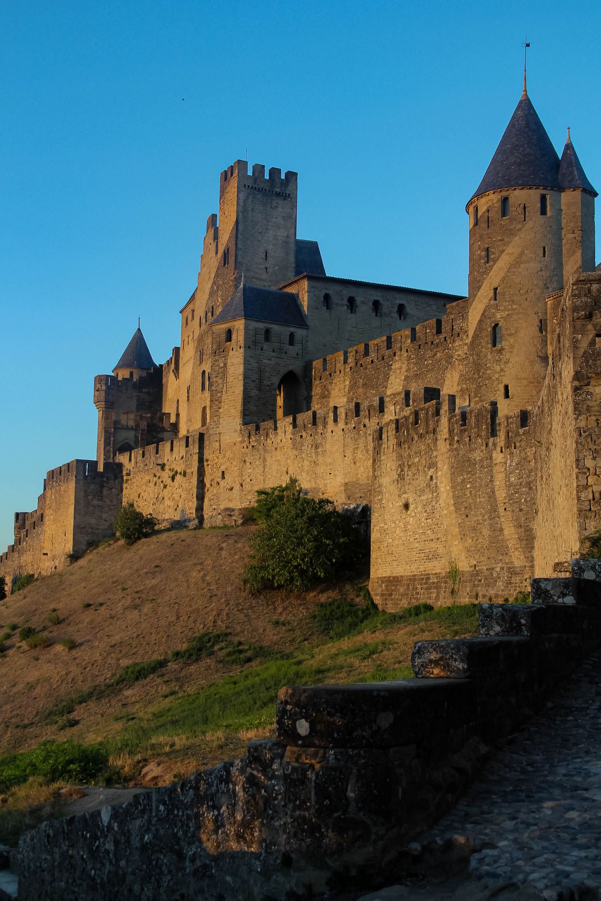 The ramparts of Carcassonne on their hill in golden evening light
