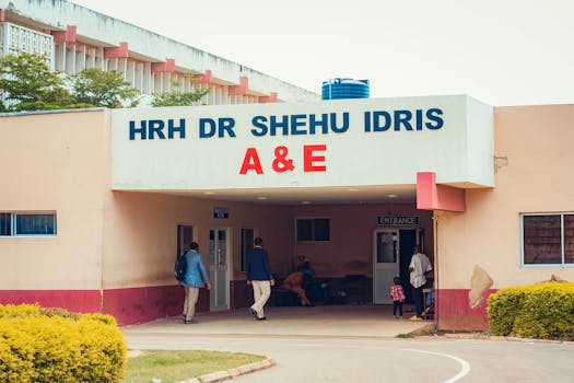Visitors entering HRH Dr Shehu Idris A&E, capturing outdoor hospital scene with people.